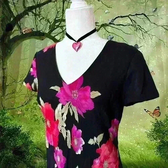 Y2k 90s Vintage Black Floral Maxi Dress By Evan Picone Size 8 - Picture 2 of 7